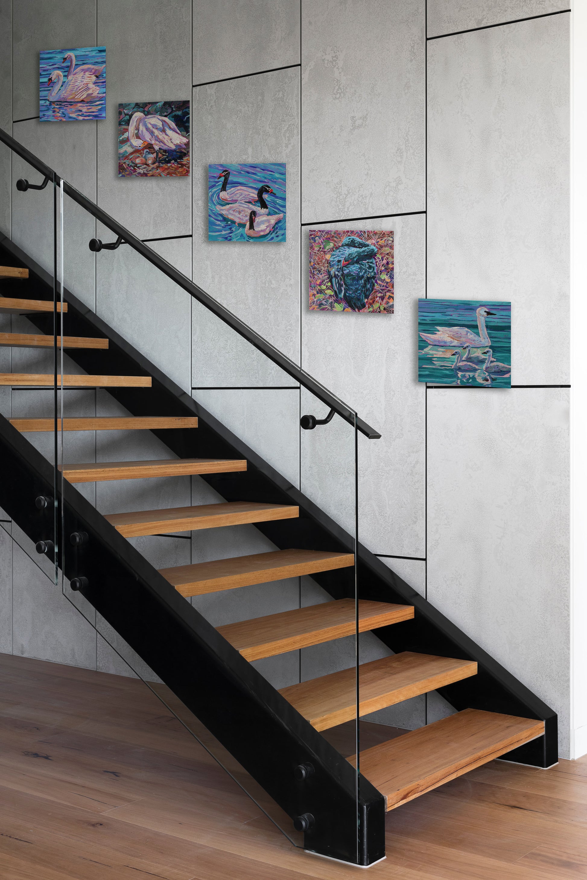 5 swan paintings with staircase