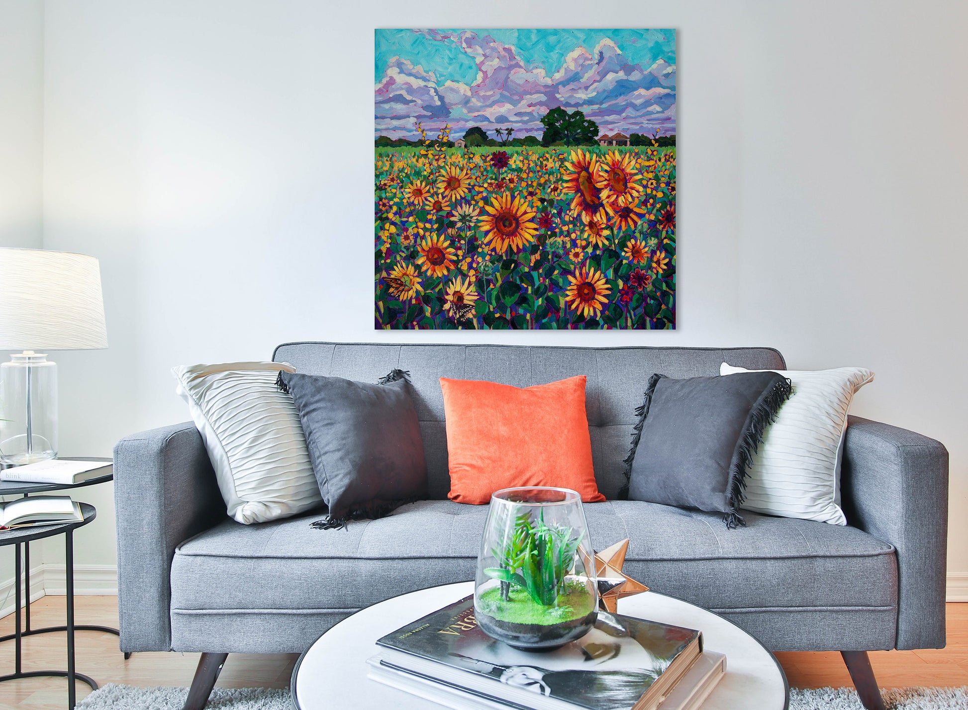 Original vibrant  impressionistic painting of sunflowers in a field on living room wall