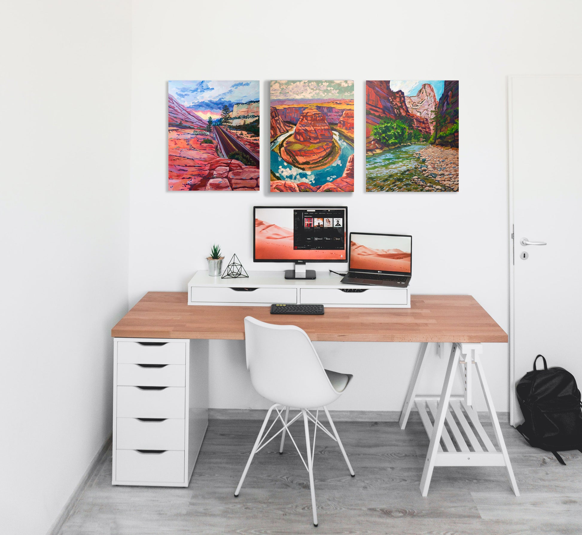 three southwest paintings of zion and horseshoe bend in home office