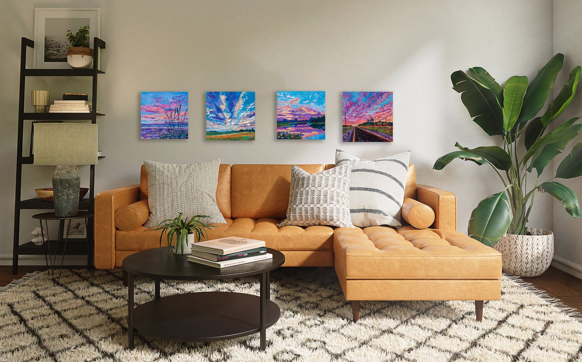 4 16x16 landscape paintings of vibrant skies at sunrise and sunset in a modern living room setting
