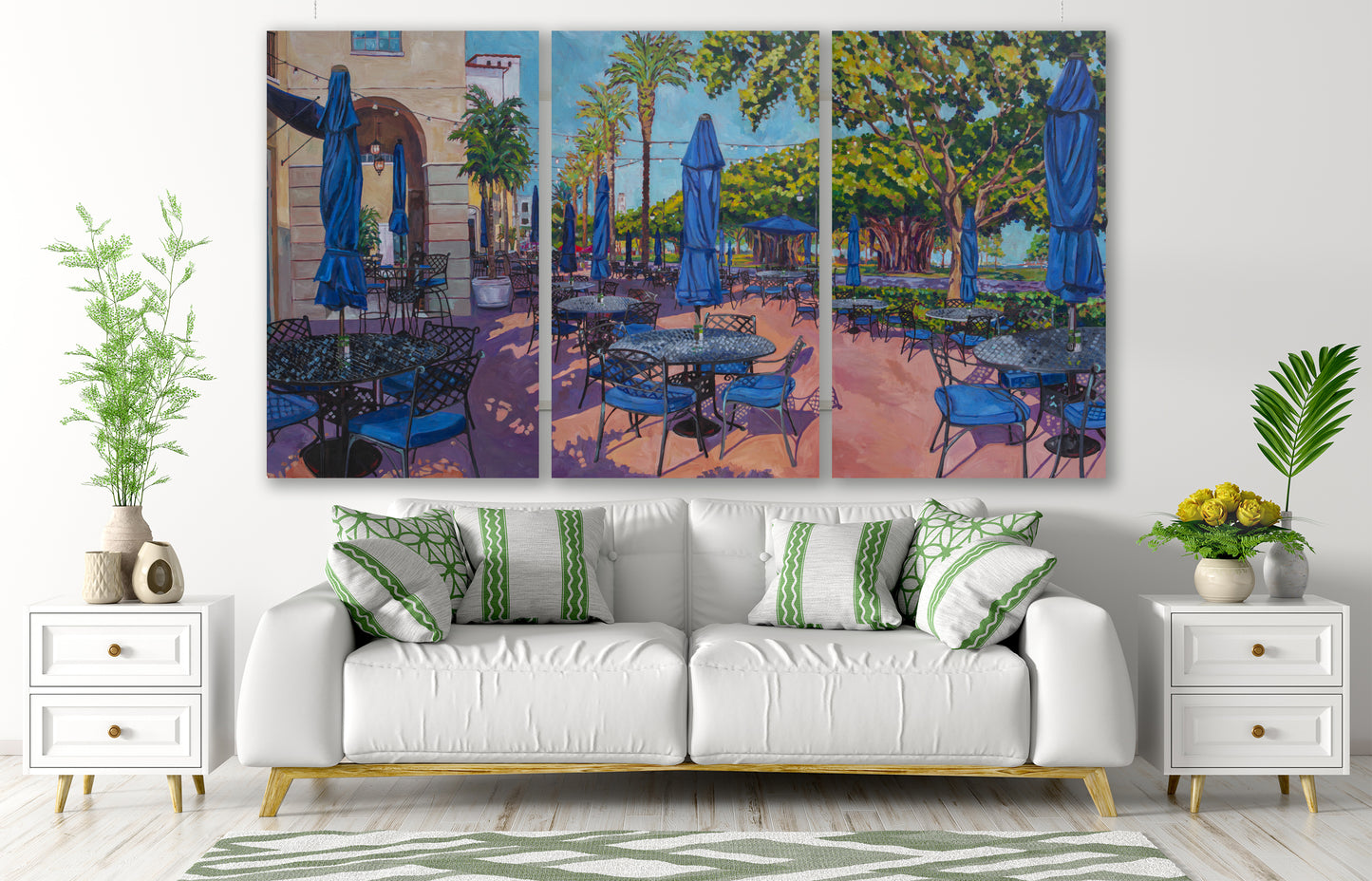 Giant Parkside cafe Triptych painting in a white living room