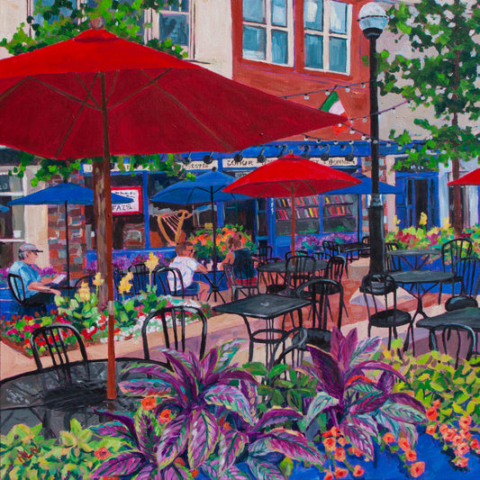vibrant outdoor cafe painting inspired by Conor O'Neils Cafe in downtown Ann Arbor Michigan with flowers and umbrellas