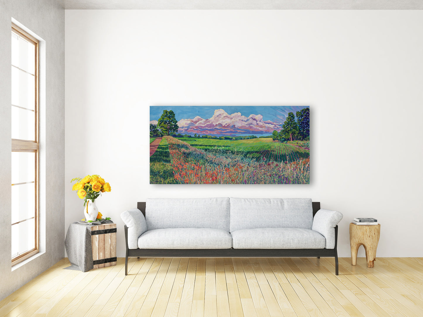 large farmland painting in living room