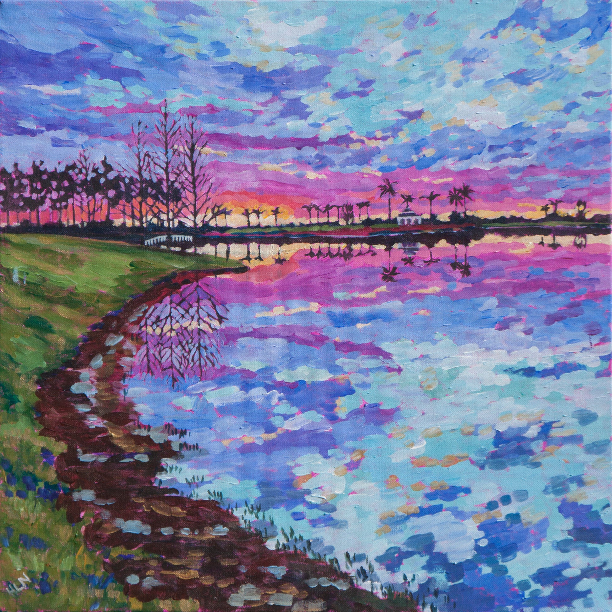 Rainbow colors painting of sunrise with dramatic sky and reflections in water