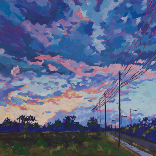 sunset painting with dramatic clouds and power lines