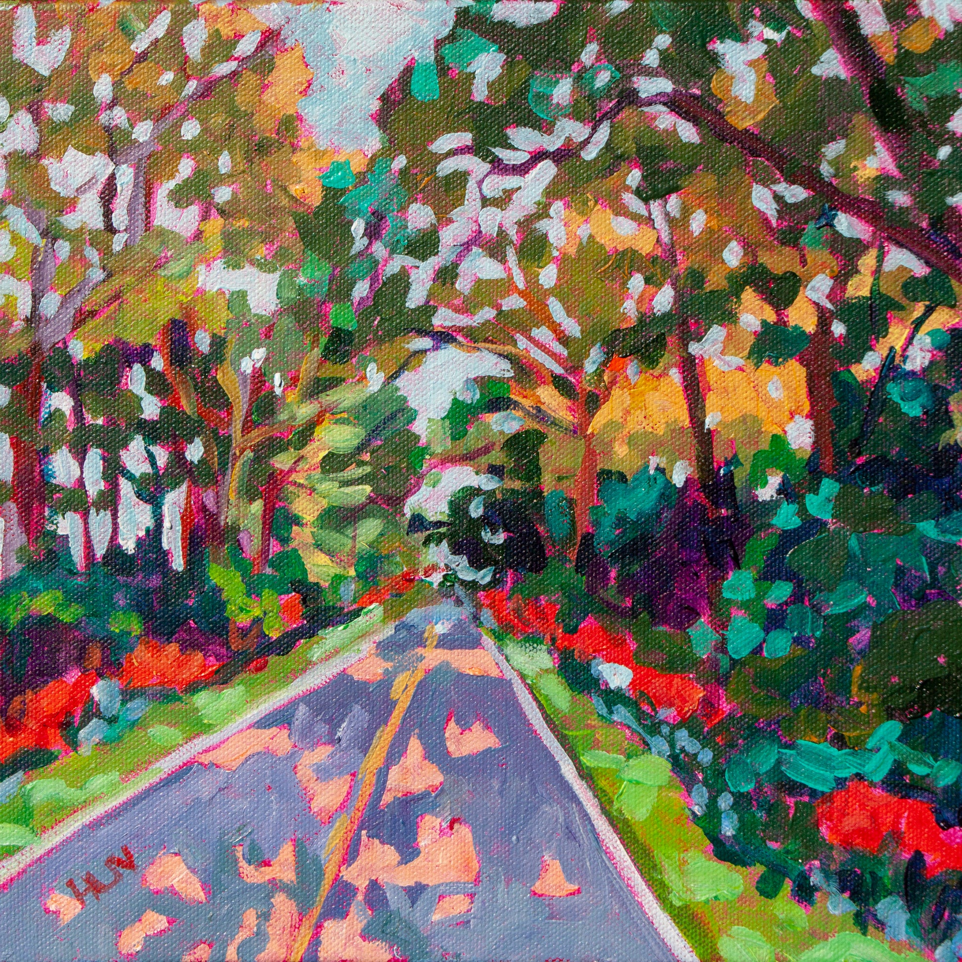 Original vibrant  impressionistic painting of road covered with tree canopy