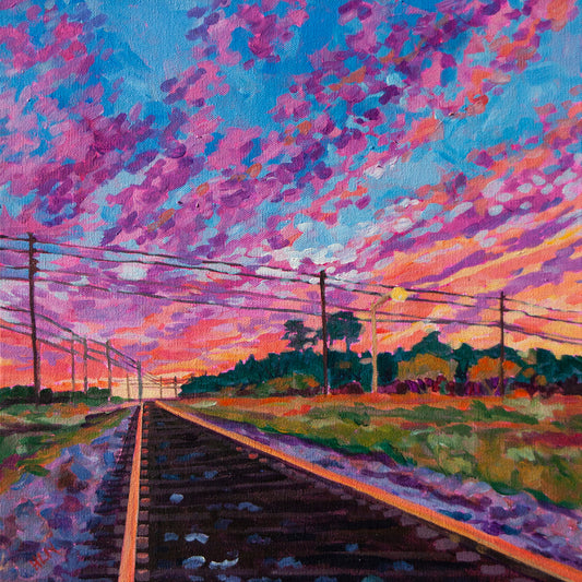 sunset with railroad tracks leading eye away and power lines florida painting