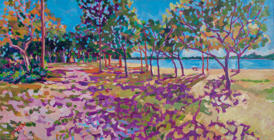 expressive brush strokes capture purple shadows from tree lined river park area of Anclote River