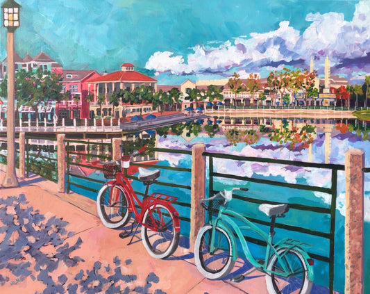 Lake Rianhard Celebration overlooking the town center with dramatic reflections and bicycles painting