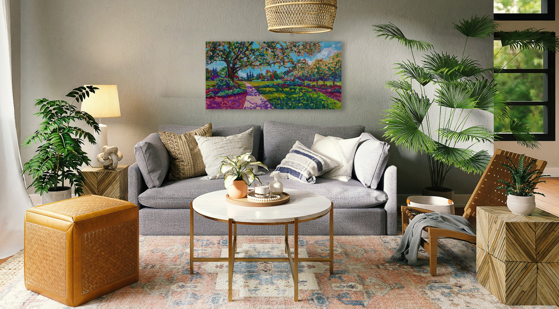 living room with garden painting