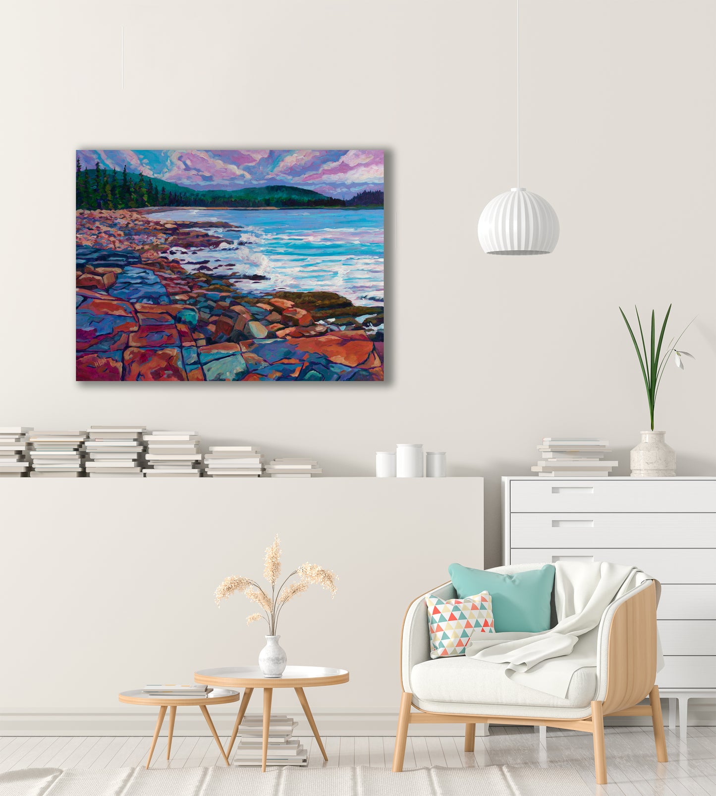 Schoodic painting of Acadia National Park with a white living room office space