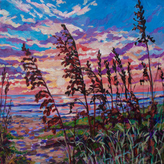 Floria beach sunrise painting with sea grasses in expressive painterly style