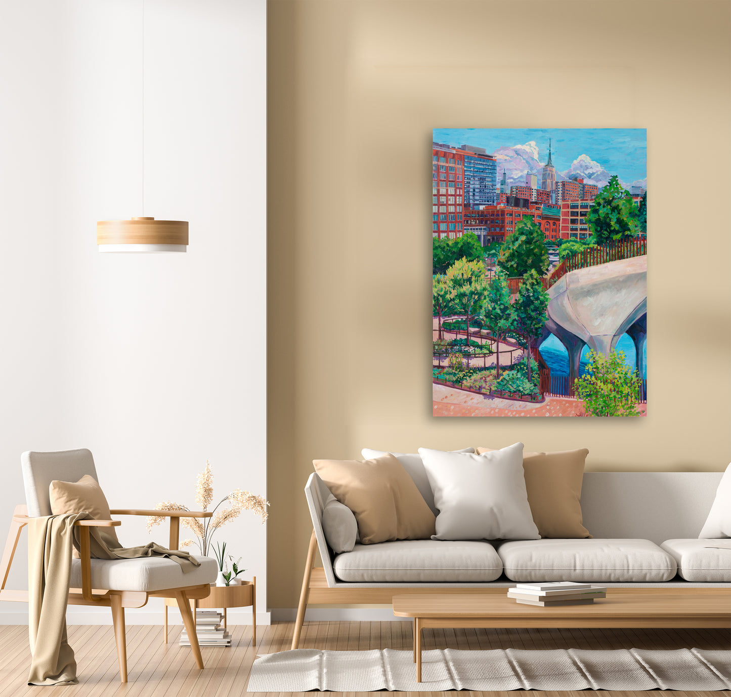 Painting of Manhattan NYC in neutral living room area