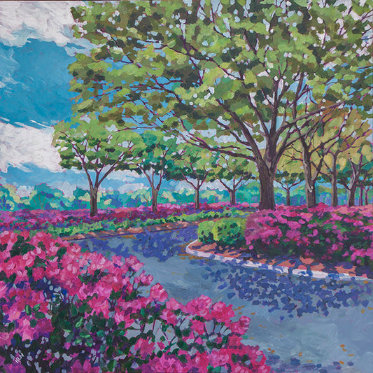 Vibrant impressionist painting of rows of Oak trees and blooming pink azalea bushes in the spring