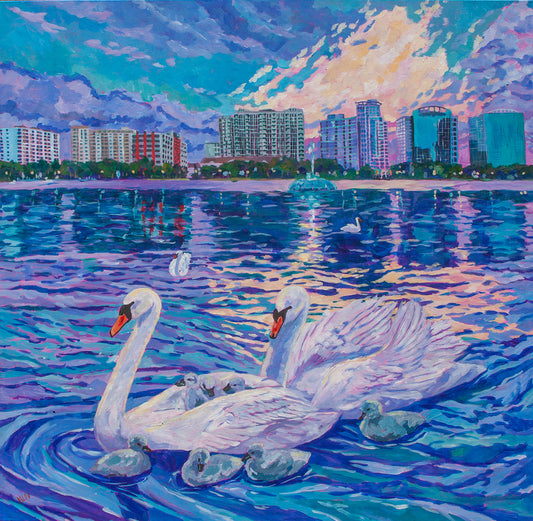 Painting of a family of swans swimming at sunset in Lake Eola in Downtown Orlando Florida