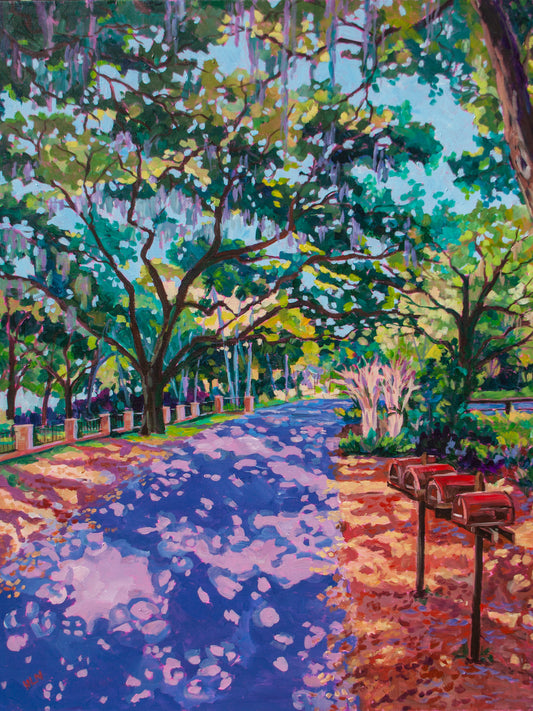 Painting of quiet country road with mature oak trees covered in moss and dappled light making shadows on the road, in Orlando Florida