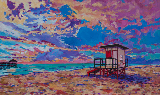 Dramatic painting of sunrise over the pier and lifegaurd stand at Cocoa Beach Florida