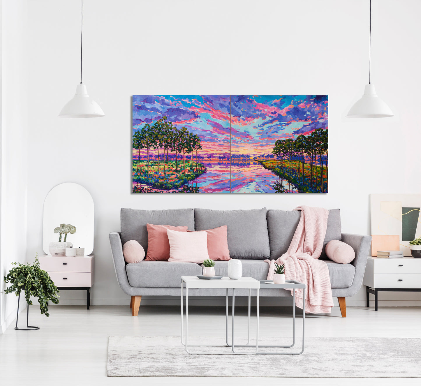 Diptych florida vibrant painting in in living room setting