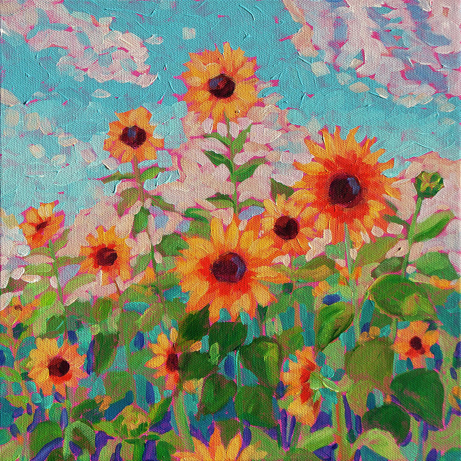 Vibrant yellow and orange sunflowers painting in impressionist loose brushwork