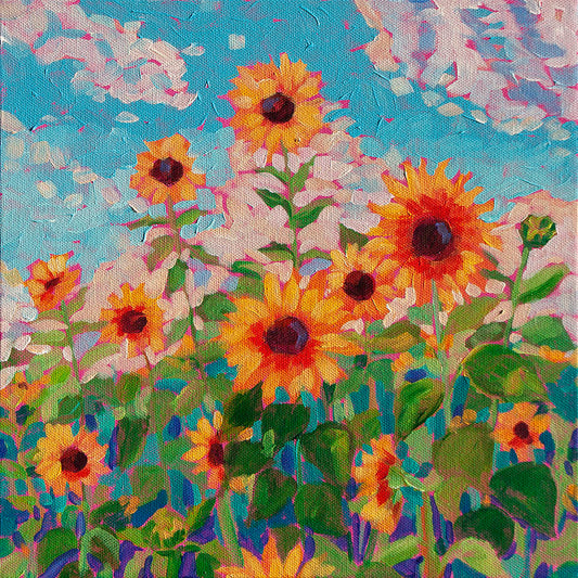 Vibrant yellow and orange sunflowers painting in impressionist loose brushwork