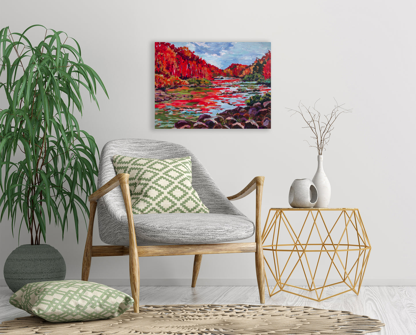 Autumn colors on the river painting in neutral living room