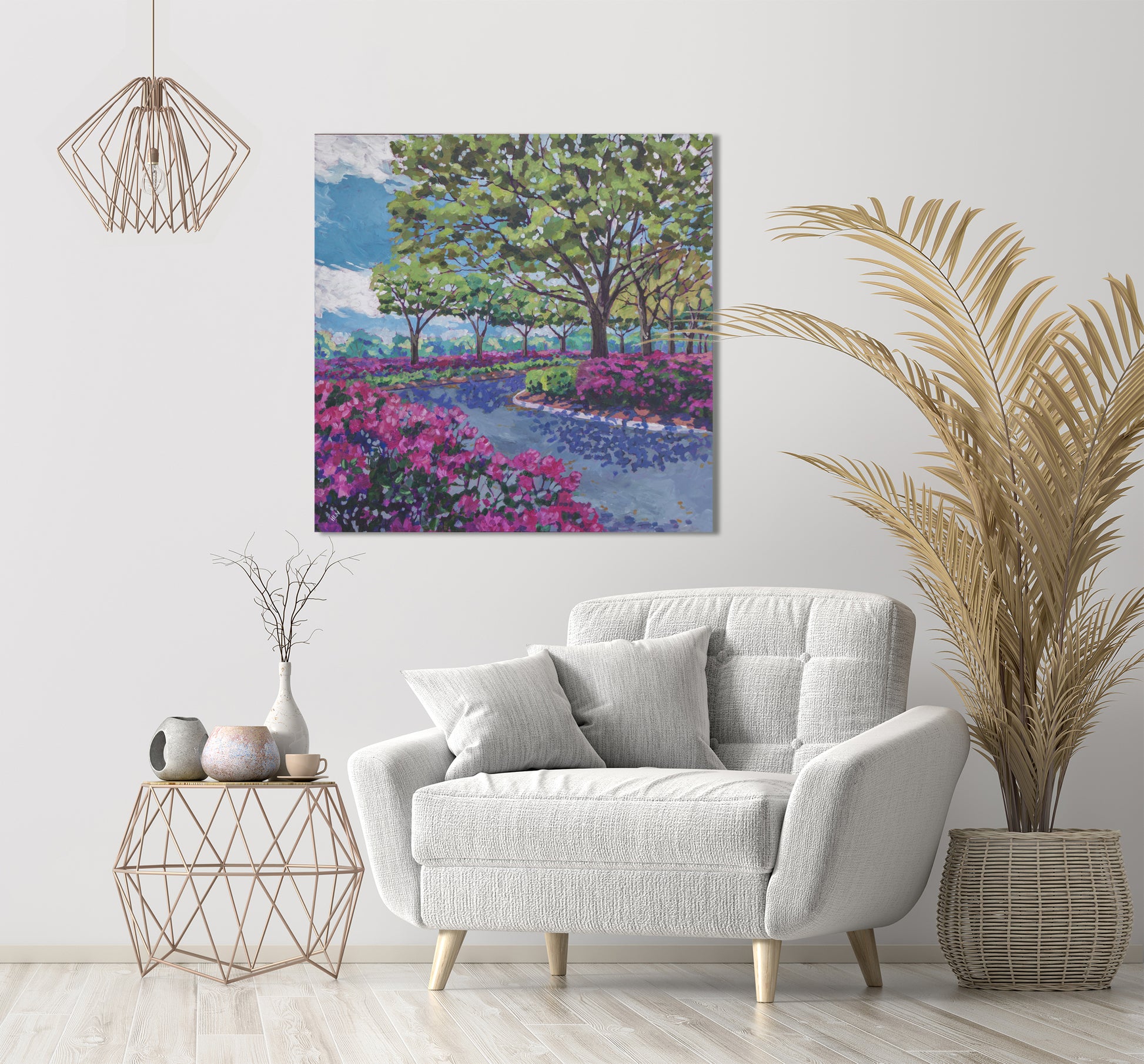 Azalea and Oaks painting in neutral sitting room
