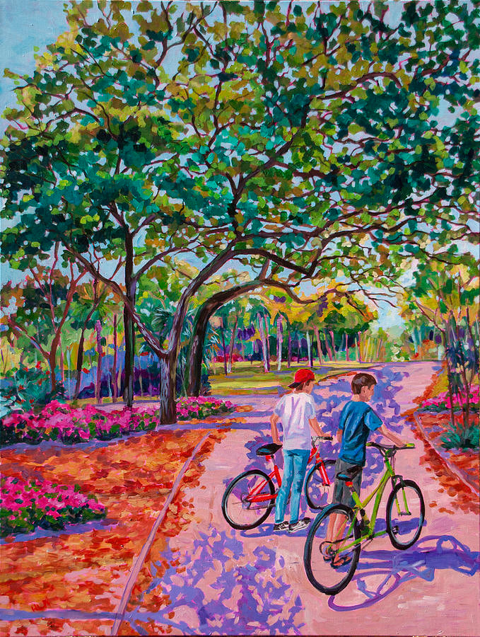 Vibrant impressionist painting inspired by Mead Park in Winter Park Florida of trees and two bicyclists 