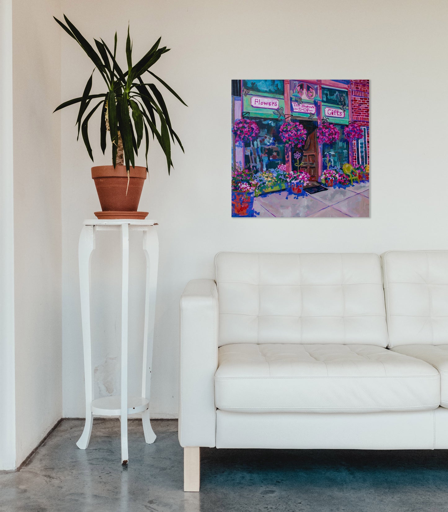 Vibrant small town painting in living room