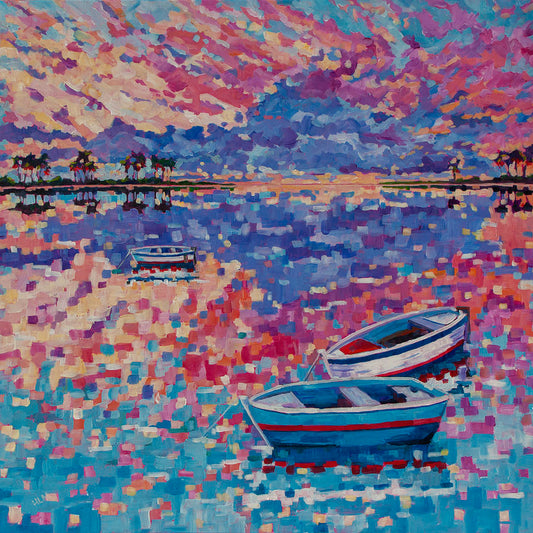 Colorful playful blocky impressionist painting of a sunset over the water with boats