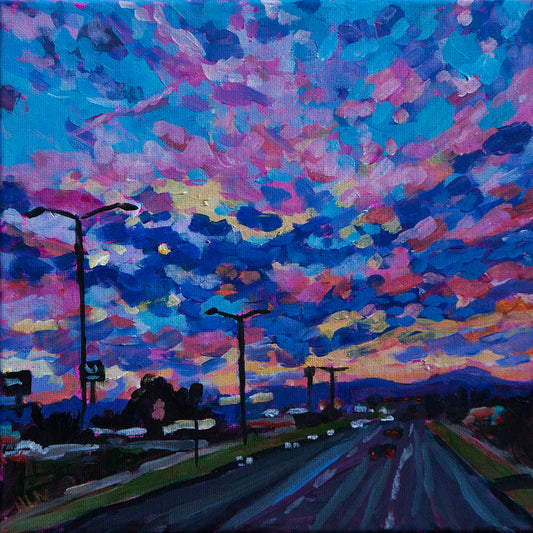 Sunset painting with colorful sky in impressionist style