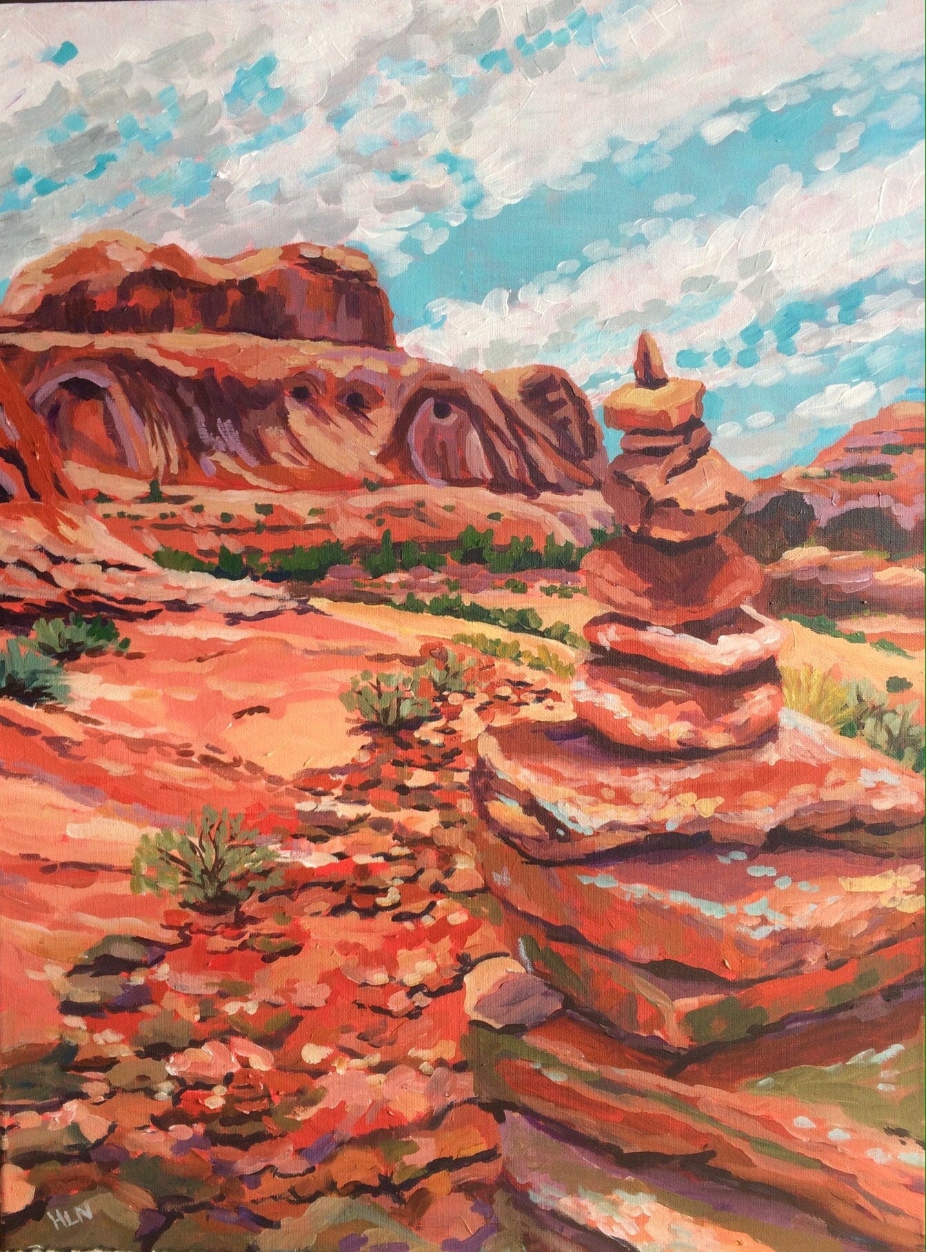 Southwest painting of Moab Utah area near Arches National Park hike leading to Corona Arch marked by rock cairns
