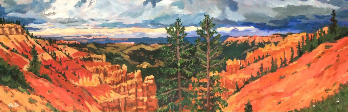 Original vibrant  impressionistic panoramic painting of Bryce Canyon National Park with trees as a storm blows in 