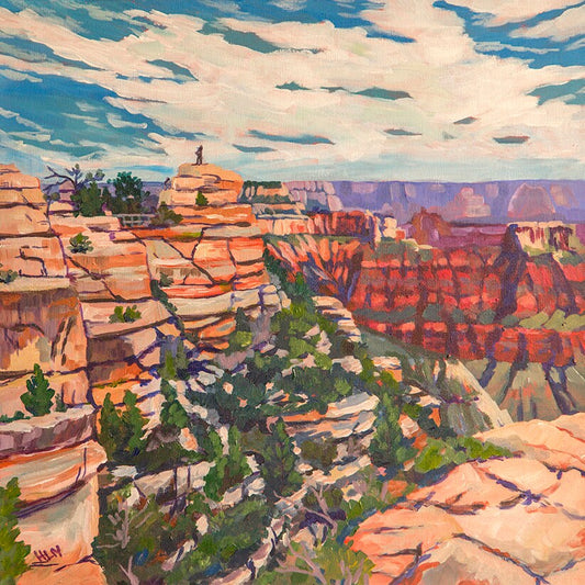 Dramatic painting of the North Rim of the Grand Canyon National Park with figure on top of the rocks