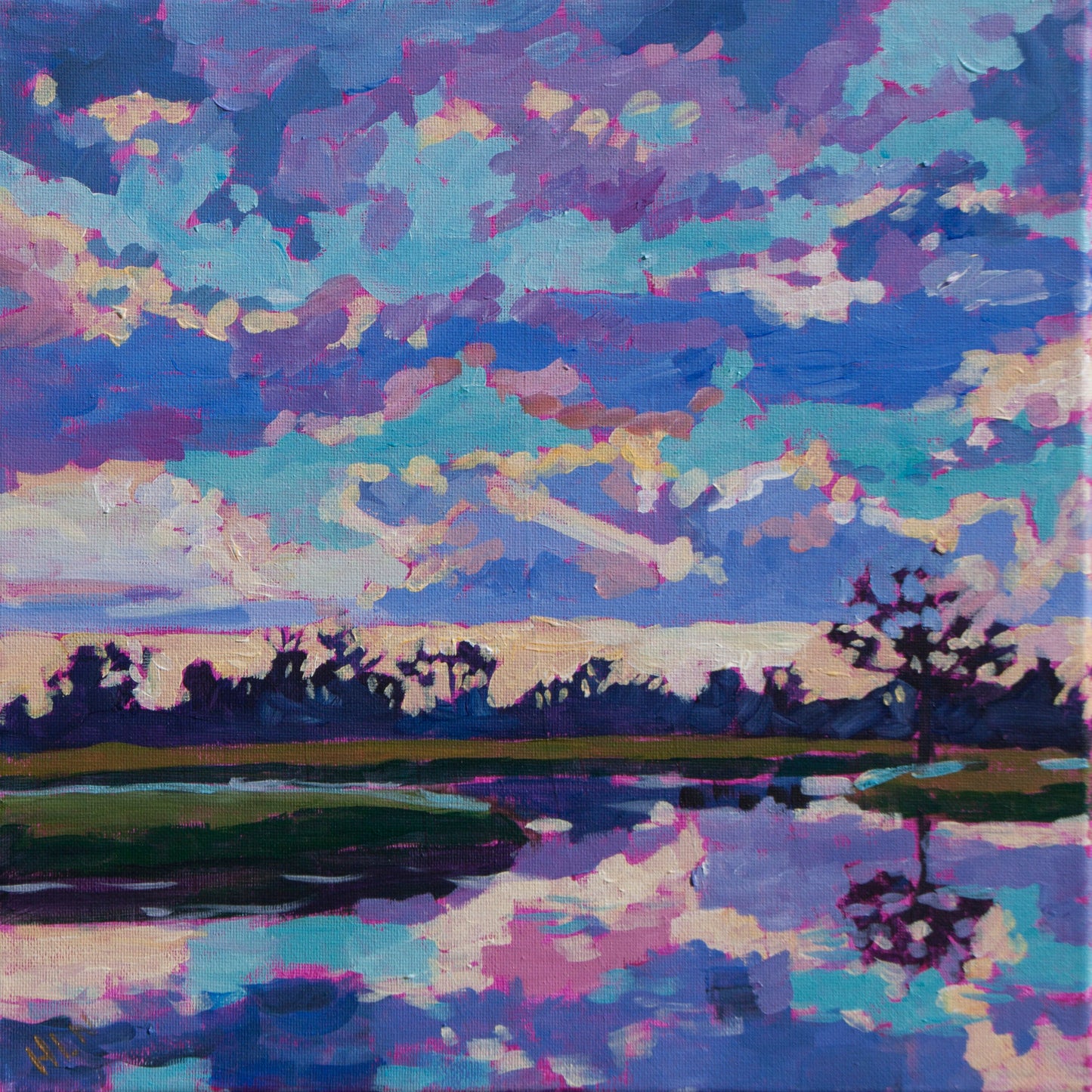 Sunrise painting with loose brush strokes and dramatic clouds with purples and blues