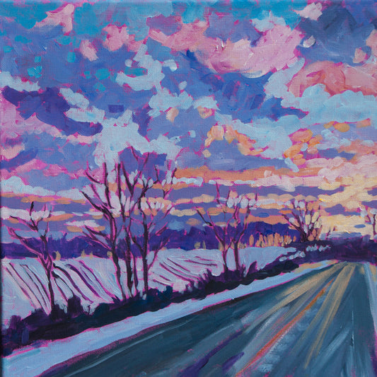 sunrise painting winter scene of fields, road and clouds