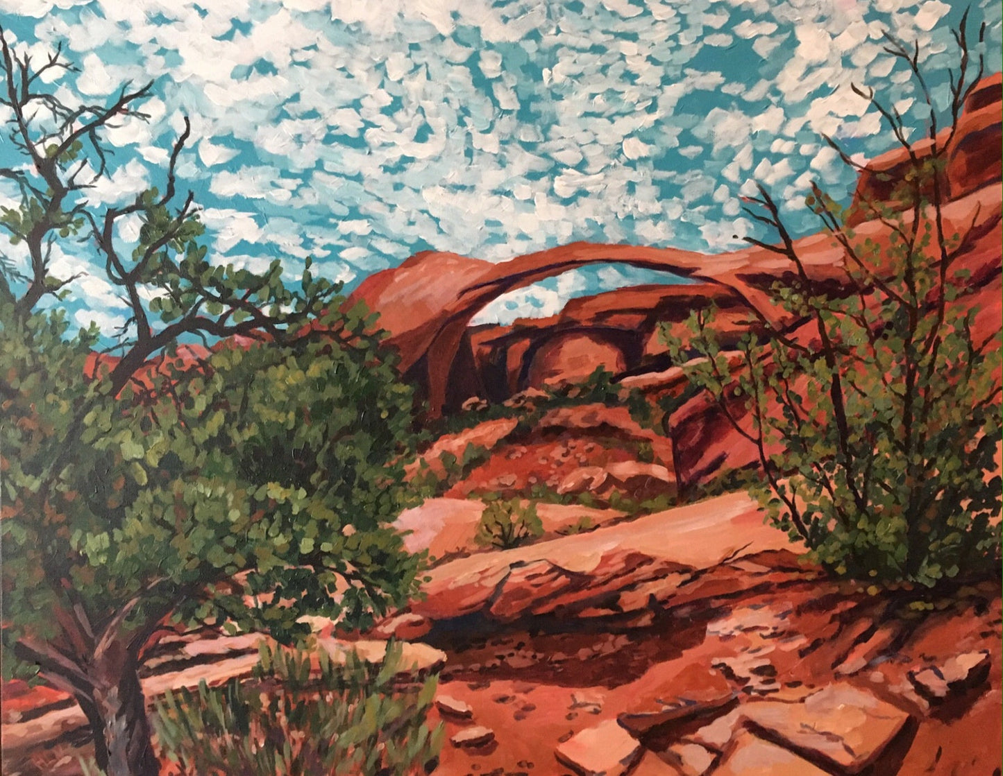 Painting of the Pinyon Pines with Landscape Arch in the background from Arches National Park
