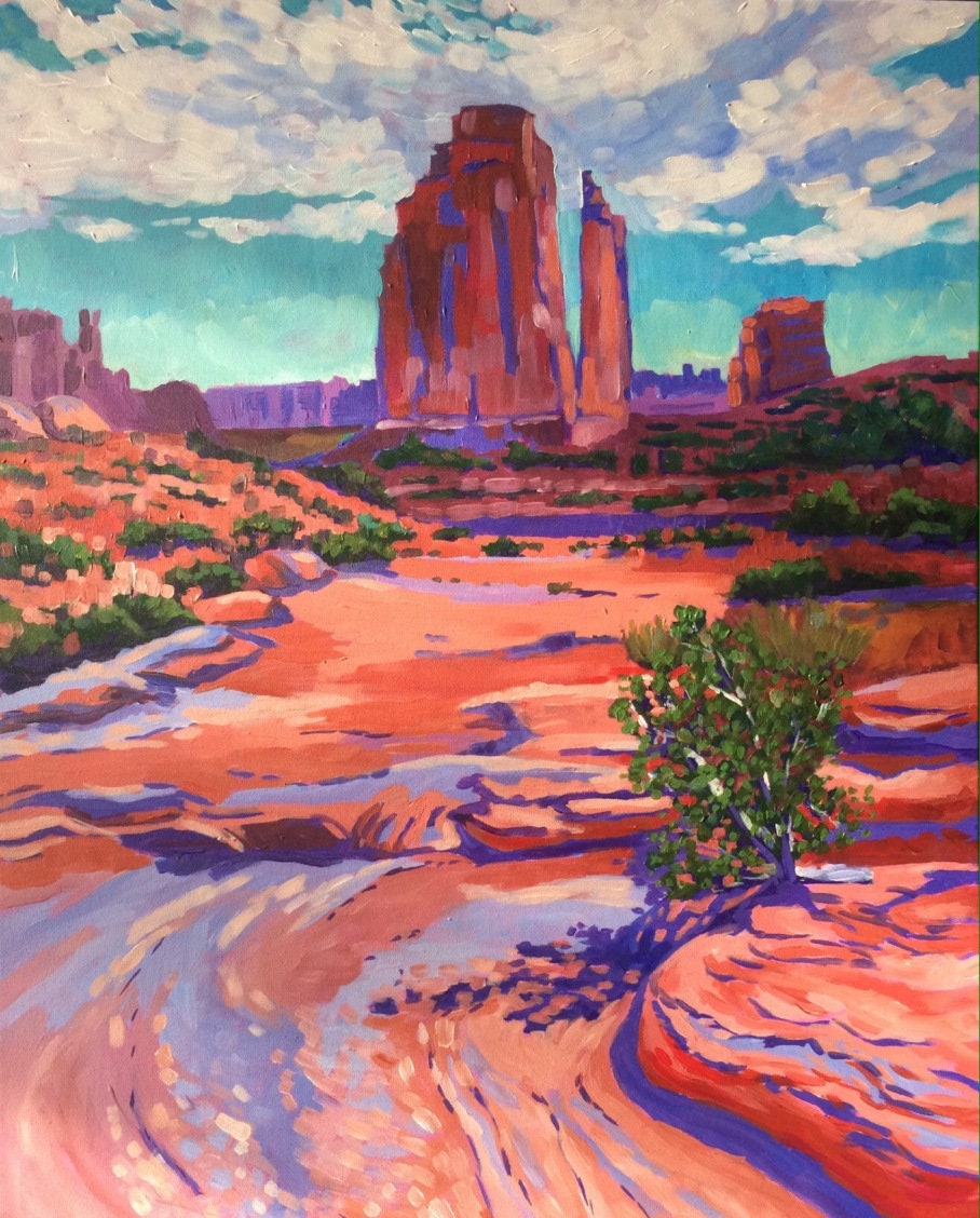 vibrant painting of Park Avenue in Arches National Park with red rocks and purple shadows