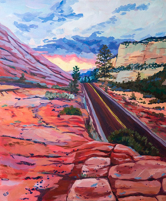Painting of sunset as one leaves Zion through the east exit where the checkerboard rock mesas are found