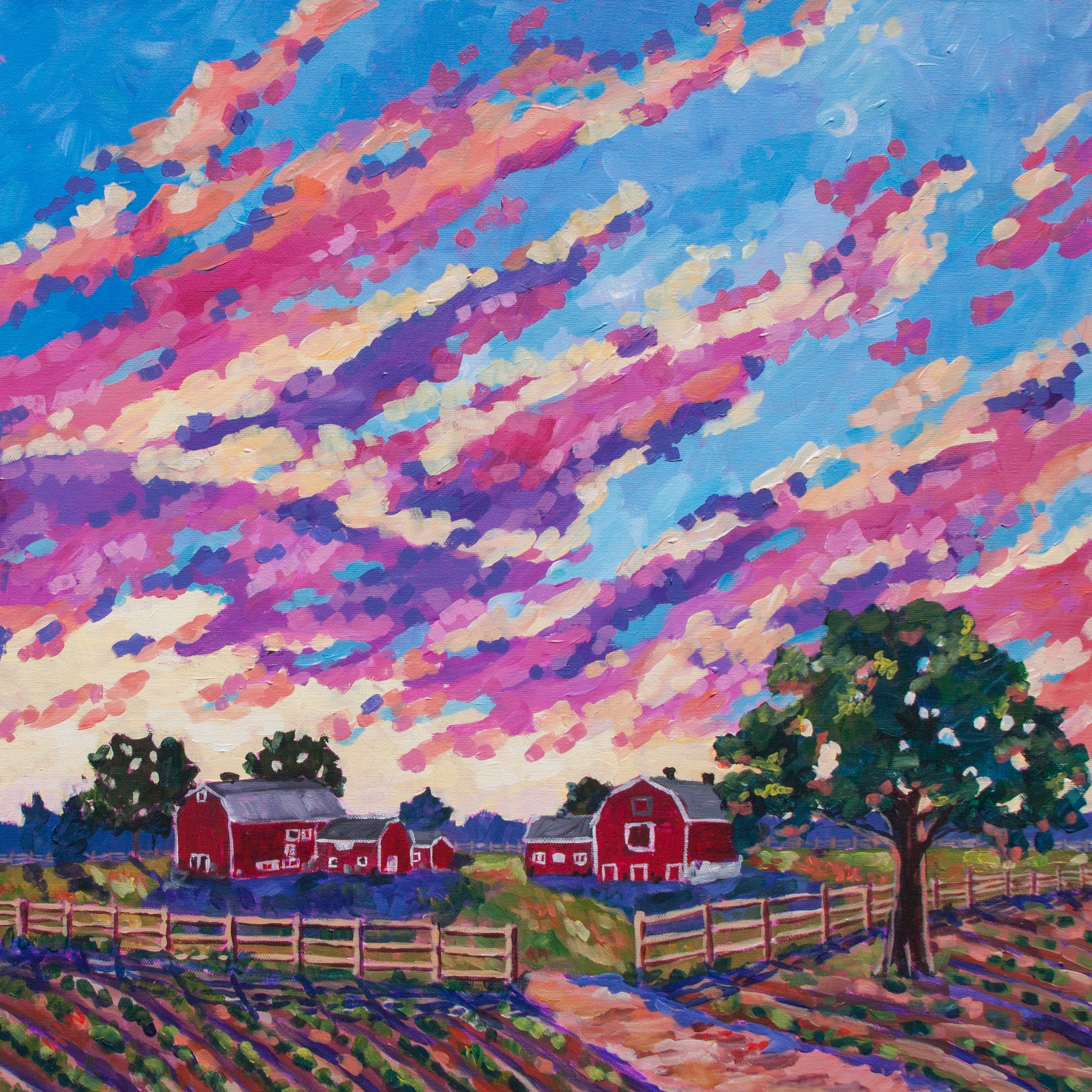 Original vibrant  impressionistic painting of sunset over Knox Farm in New York with vibrant clouds and barns