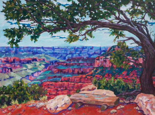 dramatic painting of a pine tree framing view from the North Rim of the Grand Canyon National Park