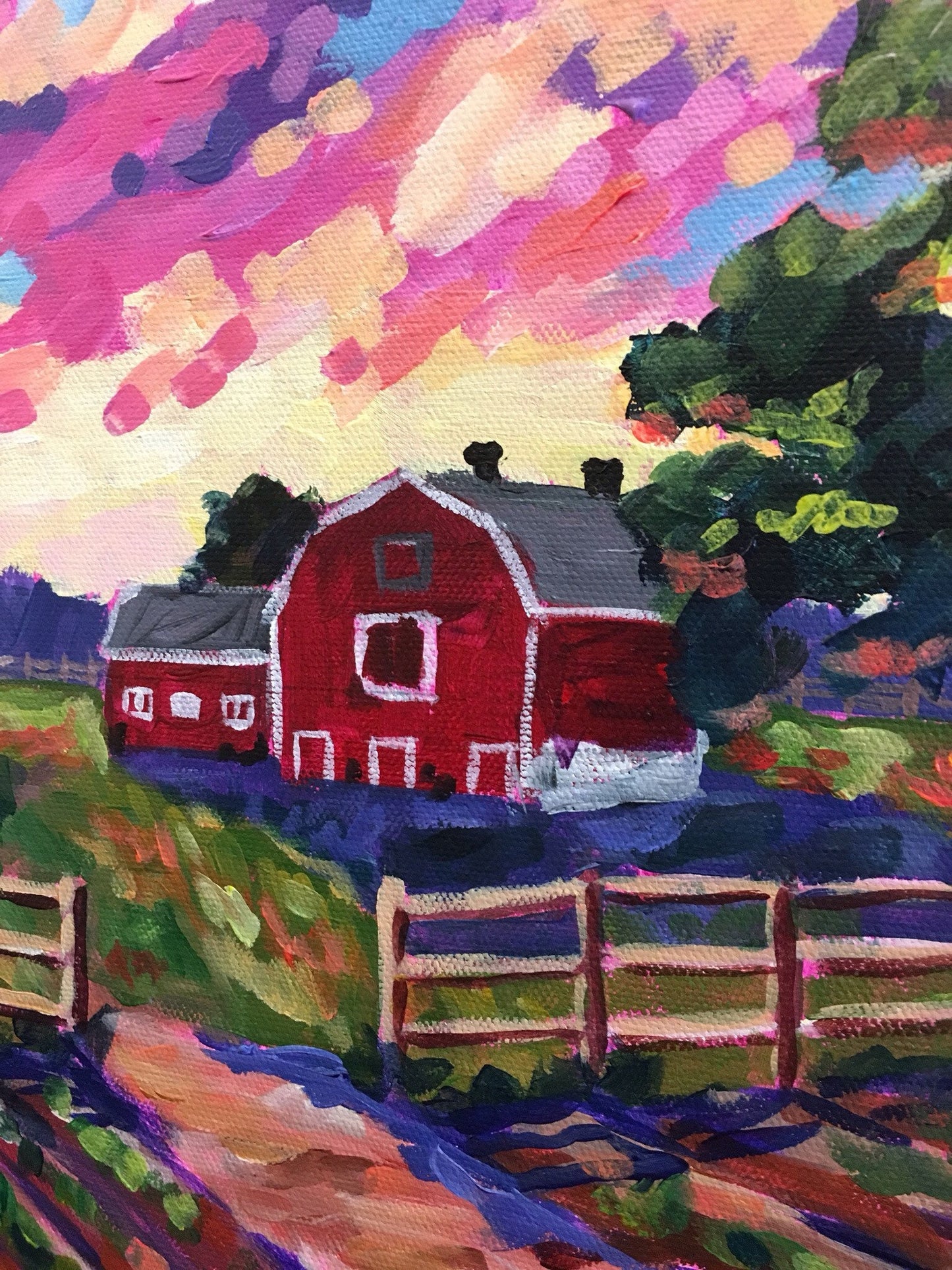 detail of painting of red barn and fence 