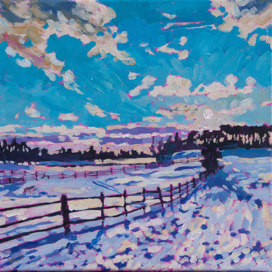 Winter landscape painting of farmland with fence