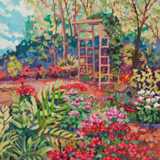 Idyllic garden scene with flowers and bird house inspired by Mead Gardens in Winter Park Florida 