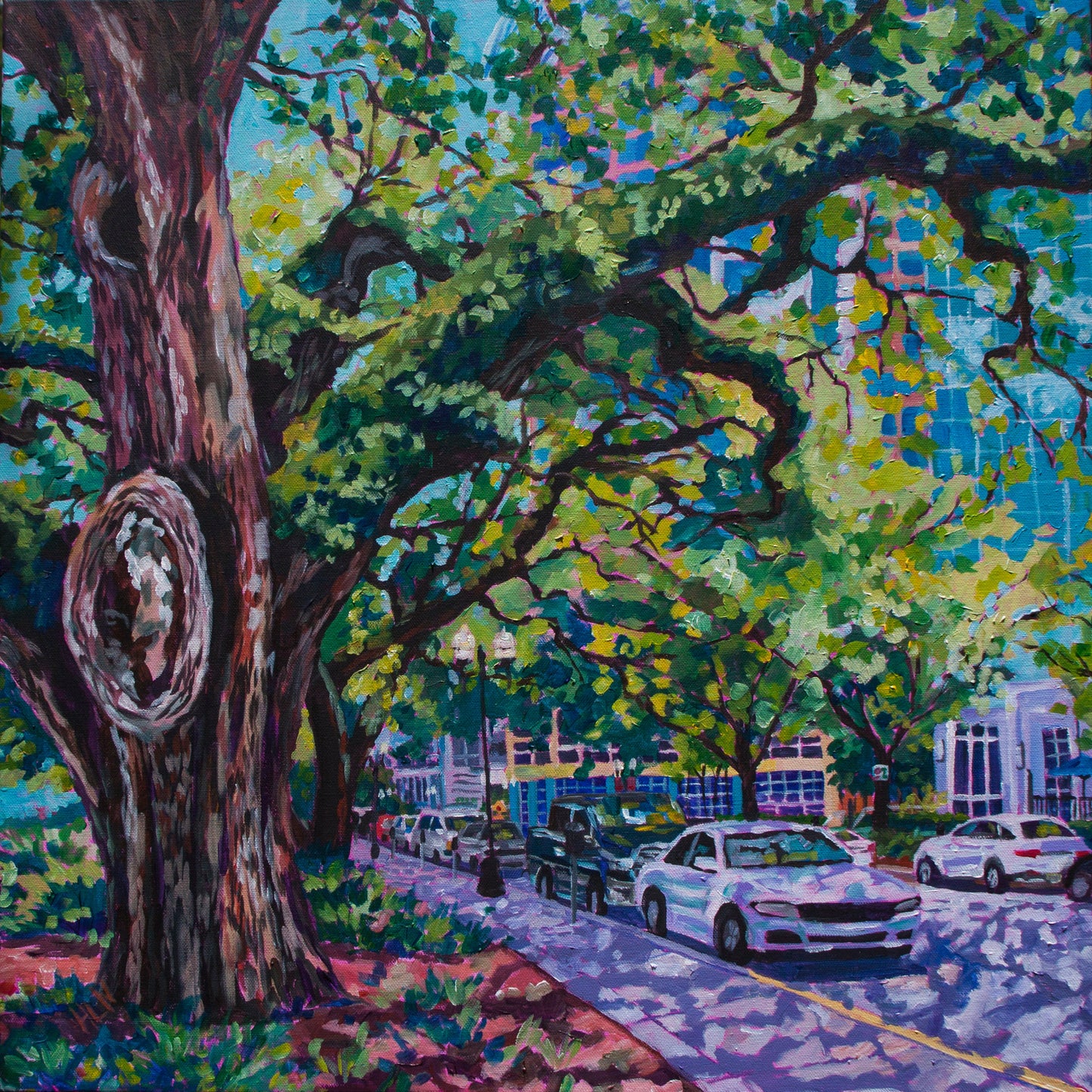 vibrant impressionist painting of large old tree overhanging a street in downtown Orlando near Lake Eola with dappled light 