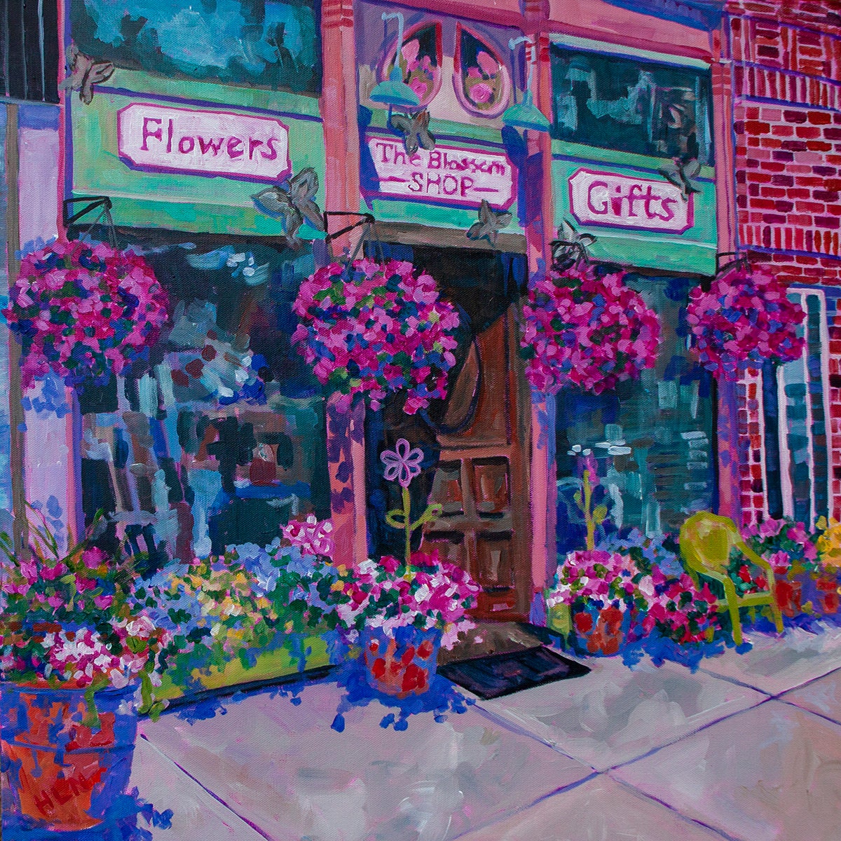 Colorful storefront painting with flowers inspired by Hillsdale Michigan