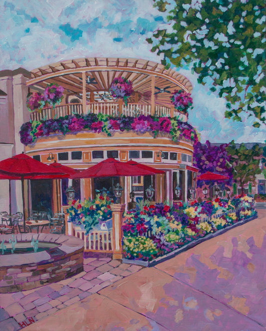Beautiful painting of restaurant in Niagara on the Lake Ontario Canada with flowers and red umbrellas