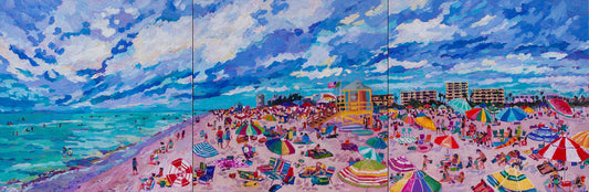 Vibrant Impressionist triptych painting of a busy beach in Florida with colorful umbrellas and dramatic skies