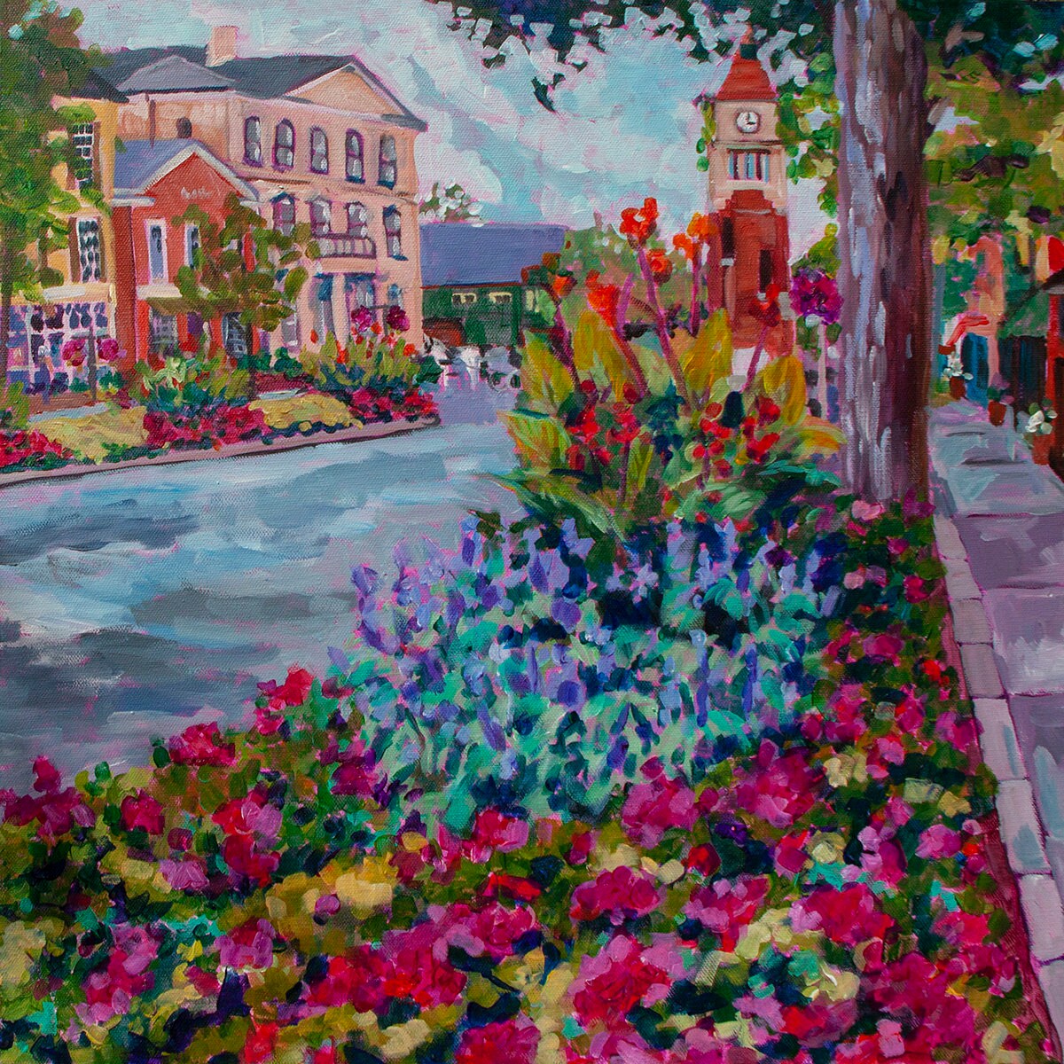 Street view impressionist painting of town of Niagara on the Lake in Ontario Canada with flowers and clock tower