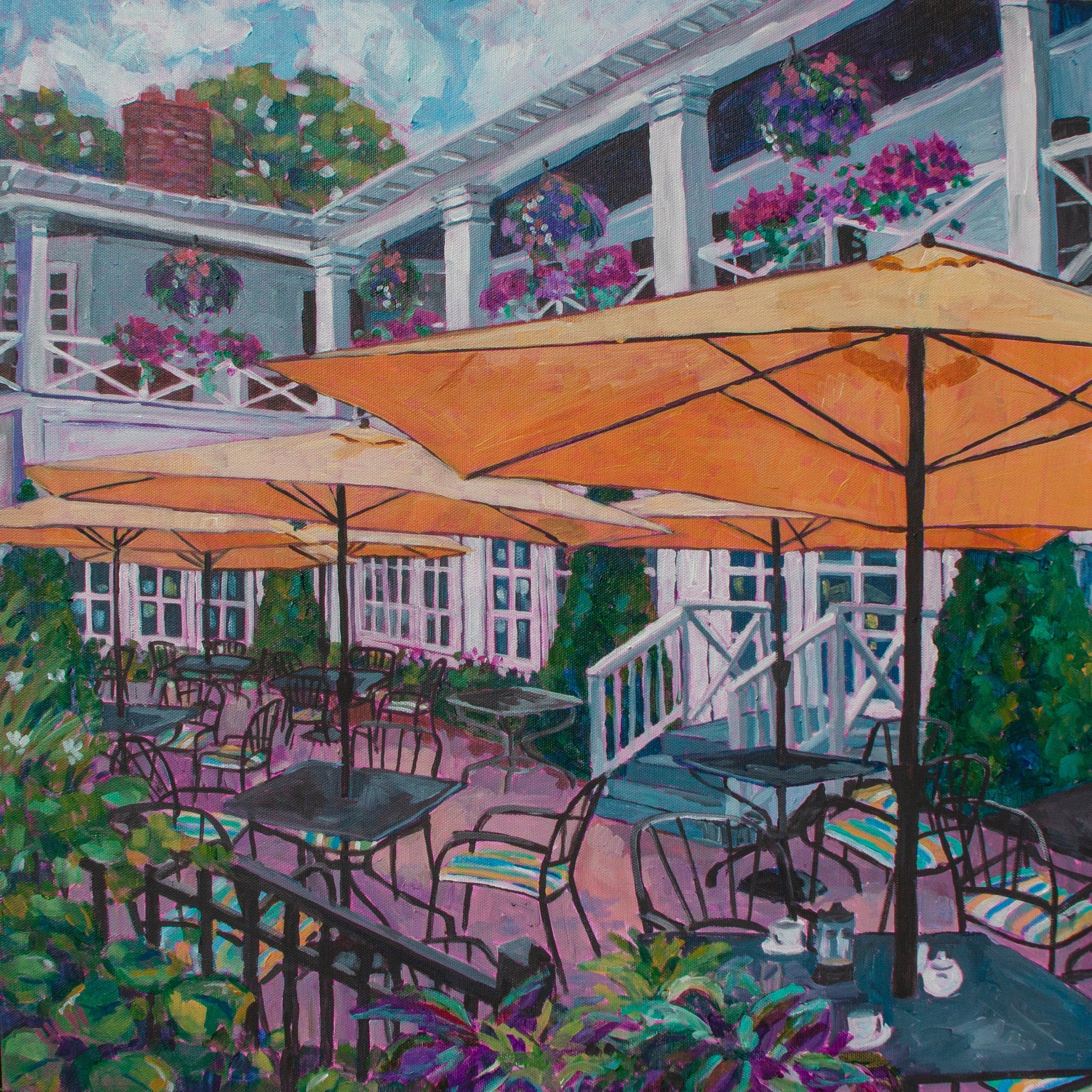 Original vibrant  impressionistic painting of a Cafe with yellow umbrellas in Niagara on the Lake in Ontario Canada