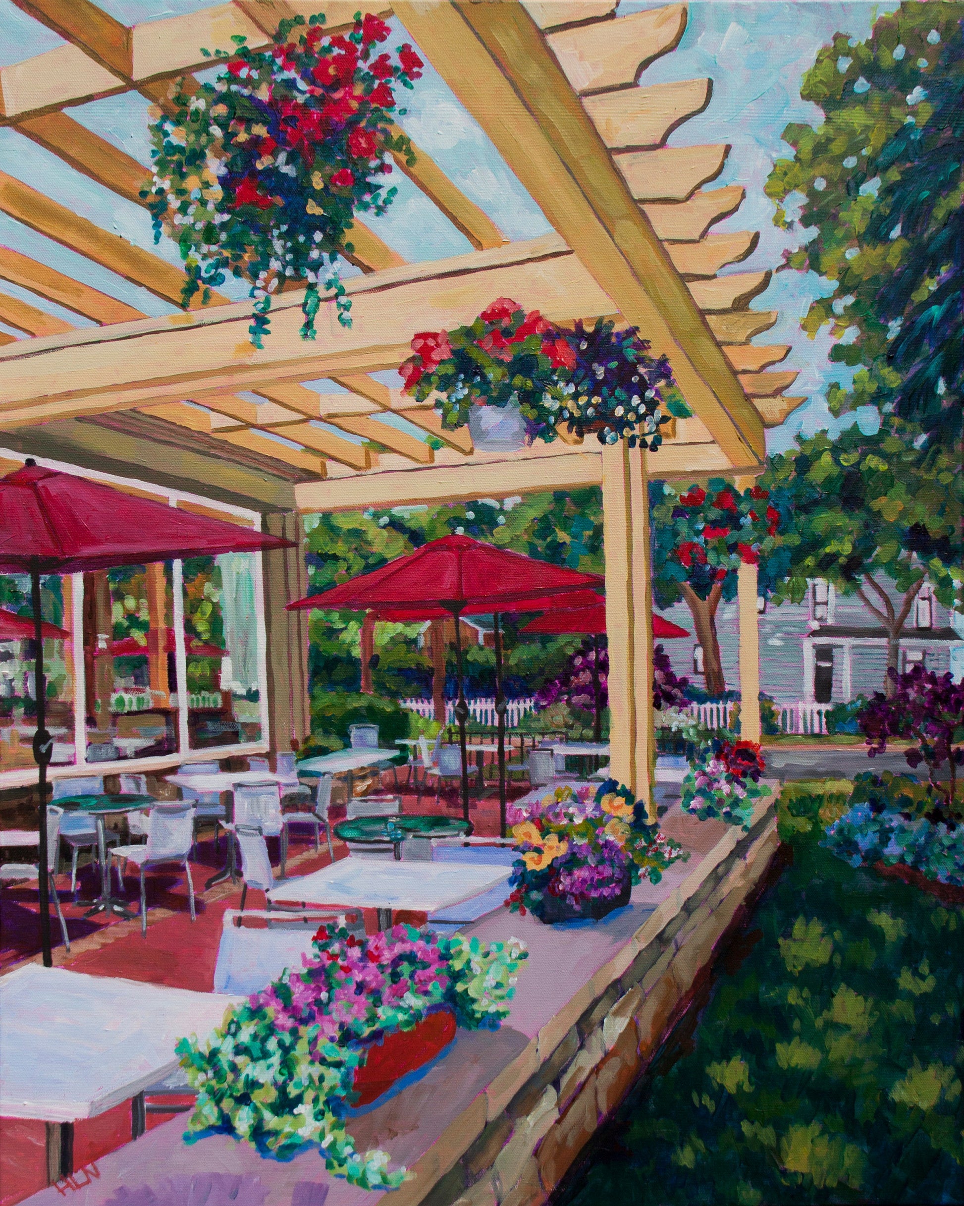 Original vibrant impressionistic painting of a Cafe with red umbrellas and flowers in Niagara on the Lake in Ontario Canada